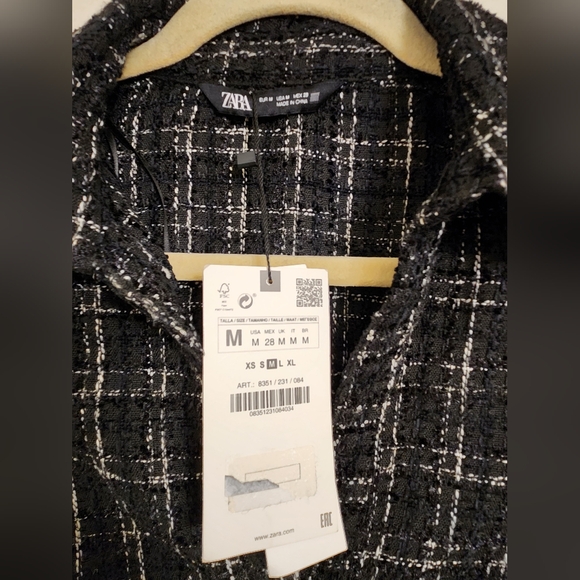 Zara Fitted Structured Black Plaid Shirt Tweed M medium NWT - Picture 9 of 10